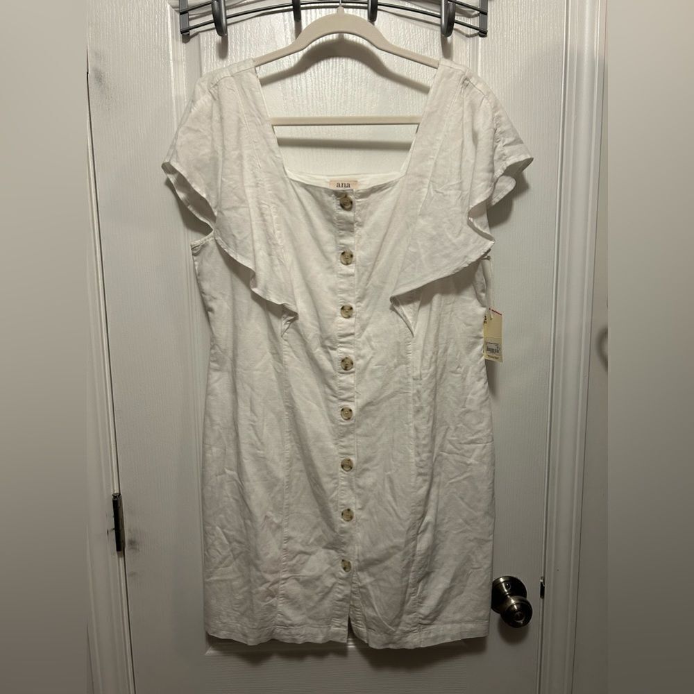A.N.A Linen Dress Flutter Sleeve Mini Dress Women's L White Button Up Rayon New